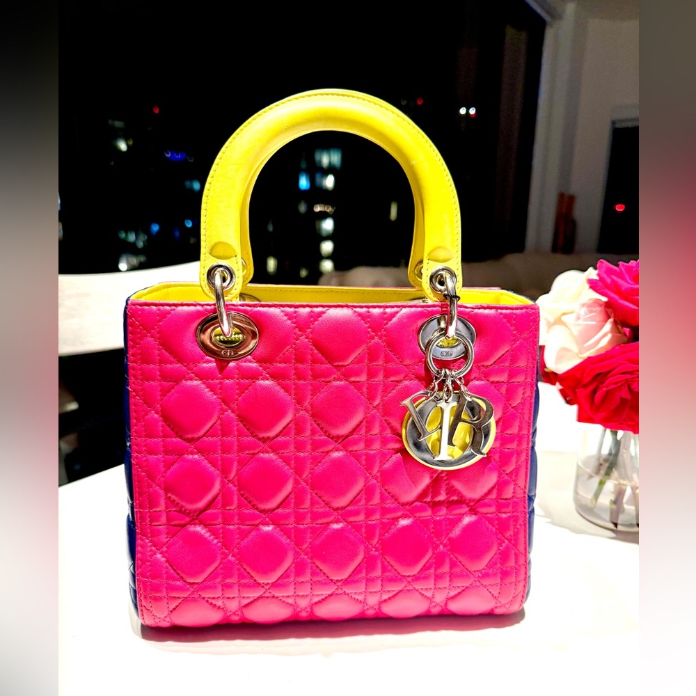 Dior Medium Lady Dior Tricolor Cannage Lambskin Silver Hardware. COA included.